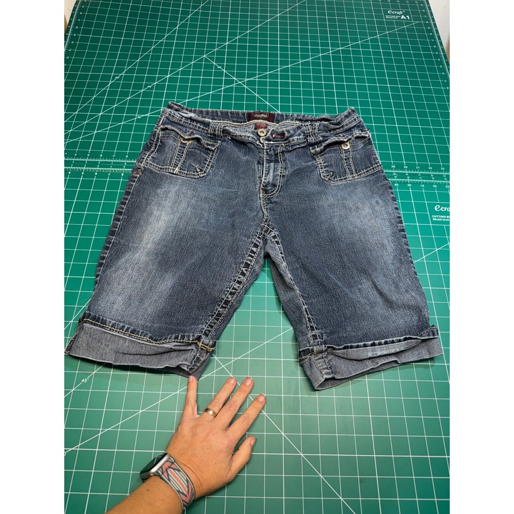 Angels Womens Denim Bermuda Shorts Dark Wash Contrast Stitch Cuffed Size 14
